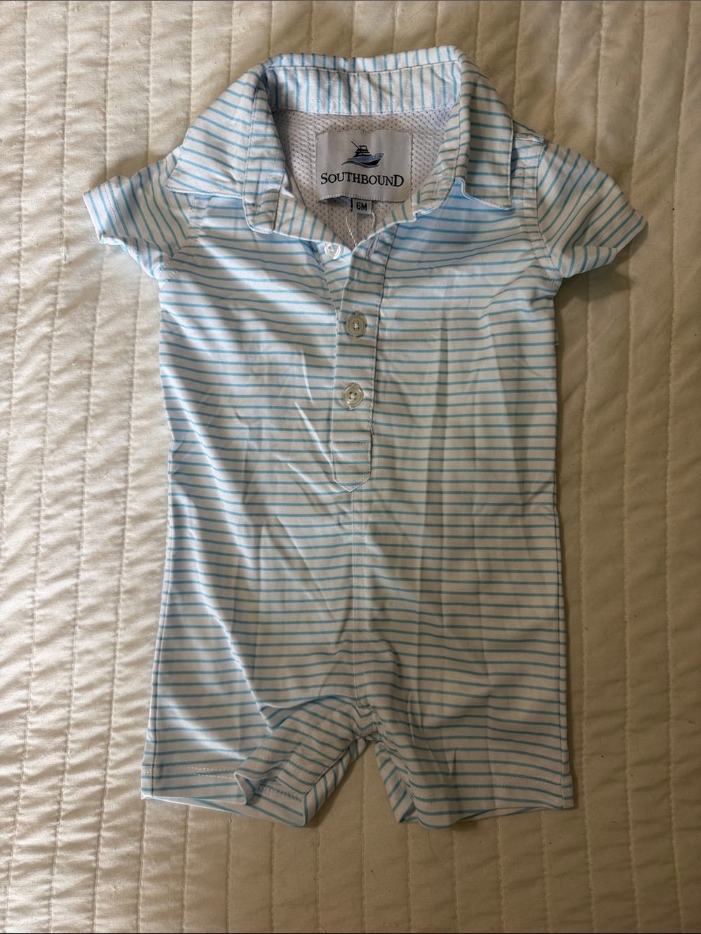 Southbound Baby Short Sleeve Polo Romper in Light Blue Stripes